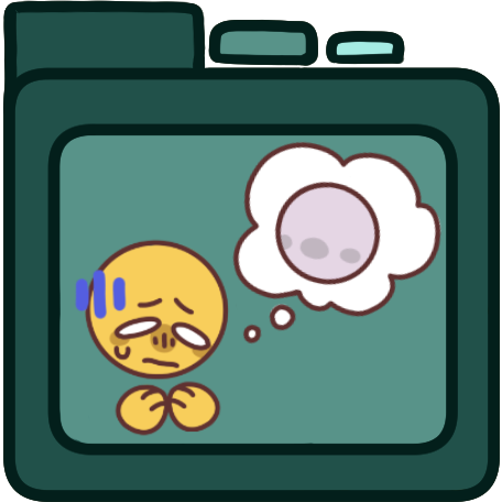 A teal file folder with a distressed looking person on it. The person has a though bubble next to them, in the thought bubble is another person.